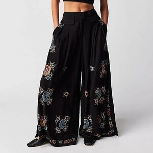 Free People Florence Embroidered Wide Leg Black Floral Flowy Pants Boho Hippie 6